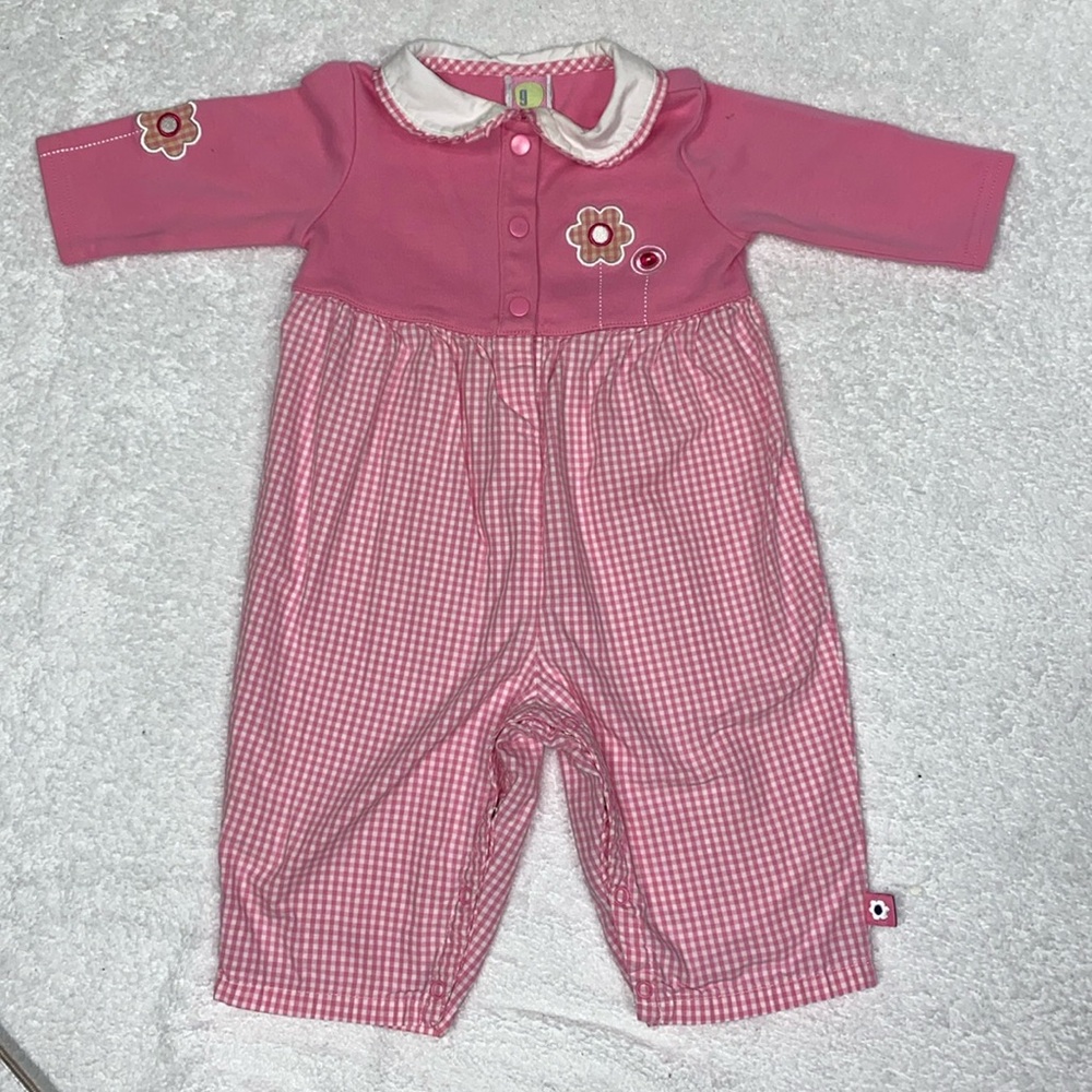 Vintage y2k pink gingham long sleeve romper 3/6m